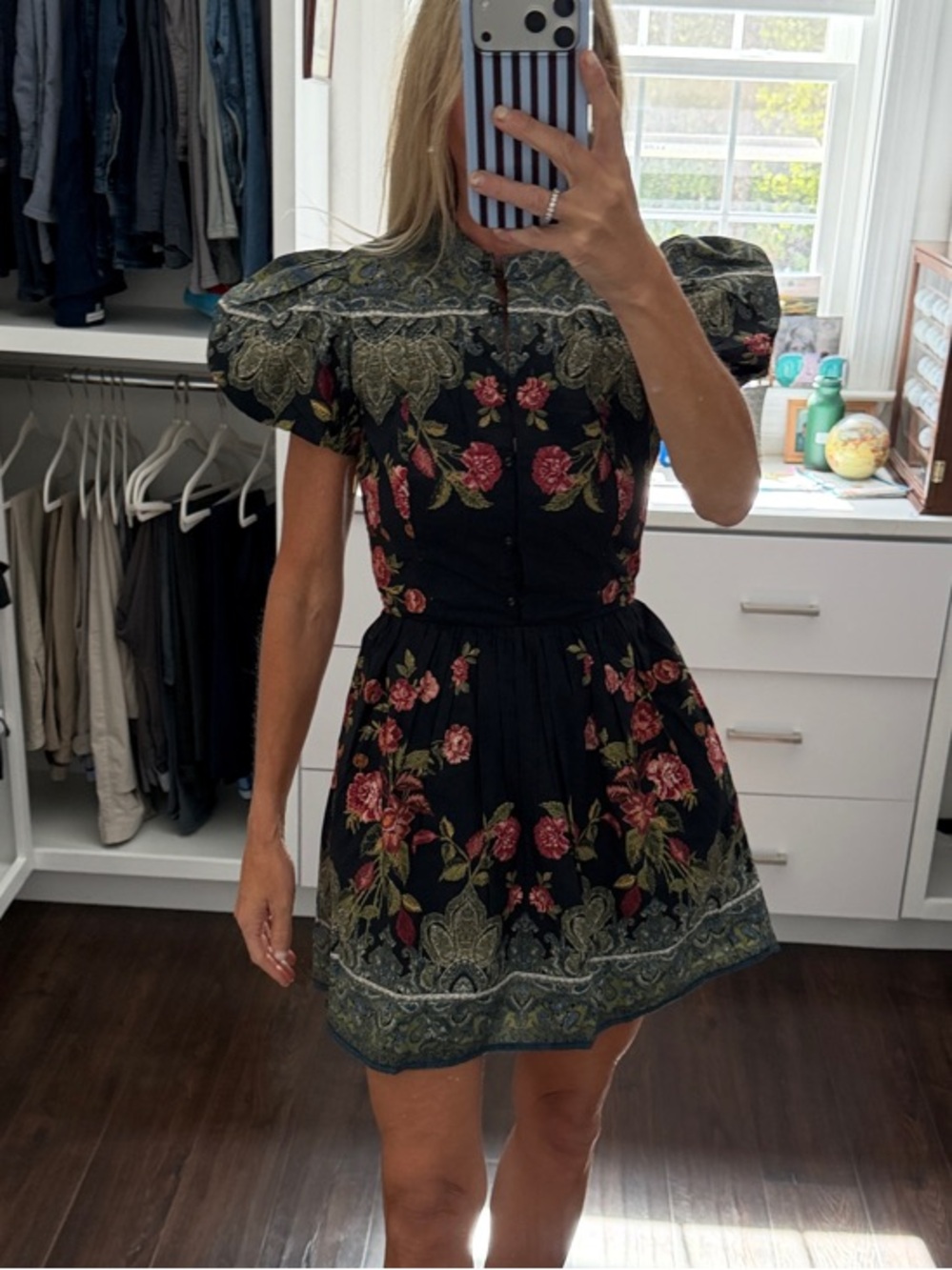 Cleobella Sveti Black Floral Puff-Sleeve Mini Dress XS NWT